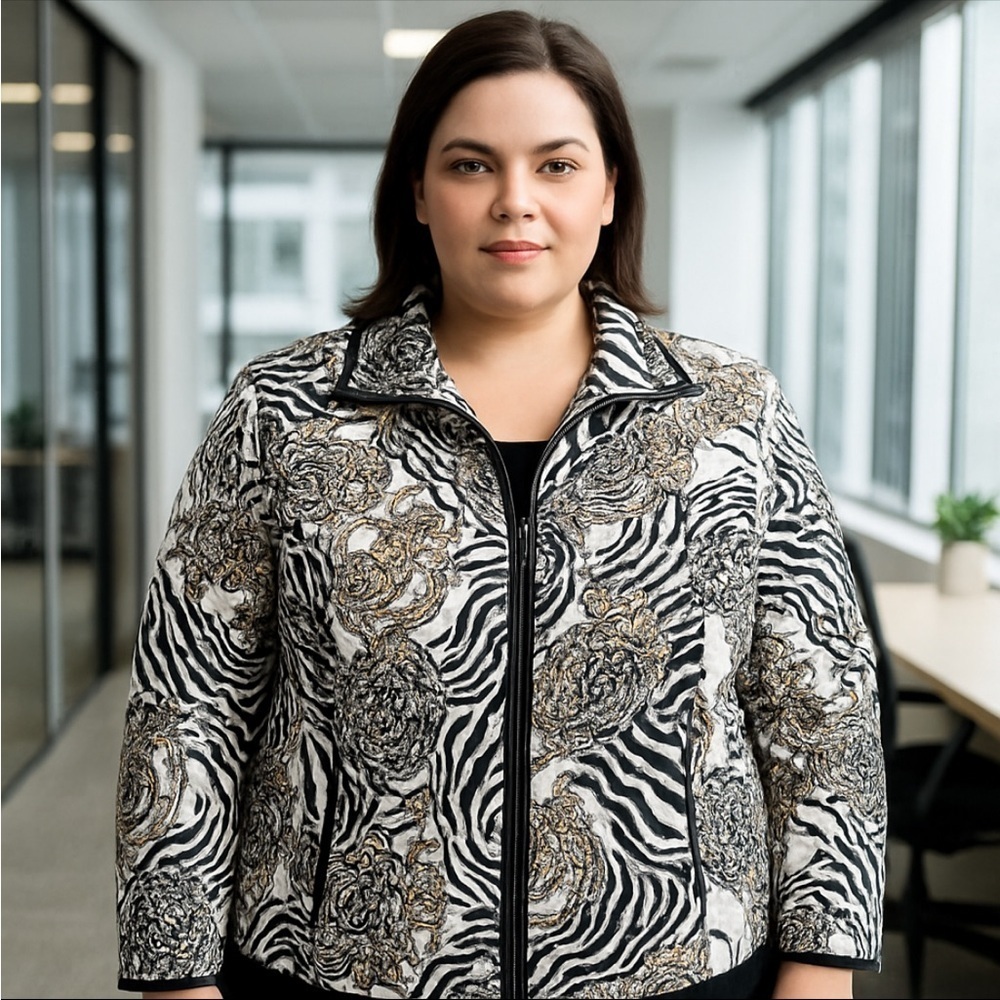 RQT Women’s 2X Quilted Zip Jacket Black White Zebra Floral Print Lightweight